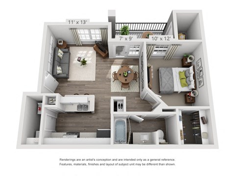 Floor plan for 1 bed, 1 bath, 659 sqft